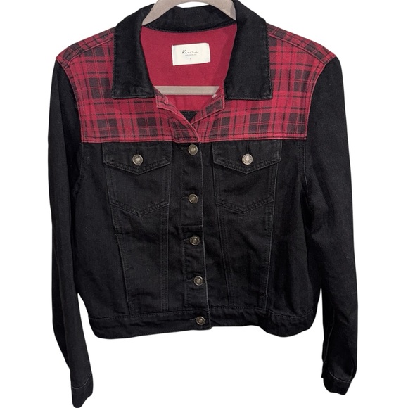 KanCan Large Black and Red Plaid Denim Jacket - Picture 1 of 6